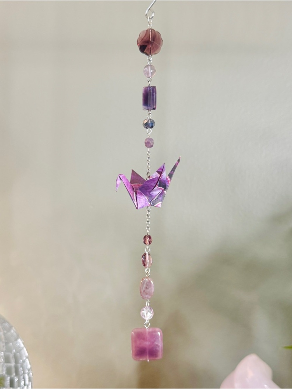 Origami Ornament #2473 - Small Crane with Glass and Amethyst Beads